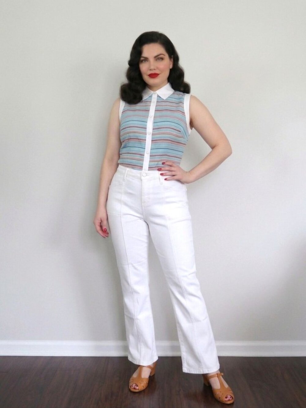 Unique Vintage 1950's Style Button Front Stripe Sleeveless Summer Top